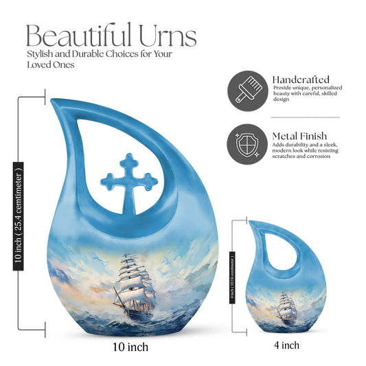 10-inch large ship urn with cross drop design, customizable