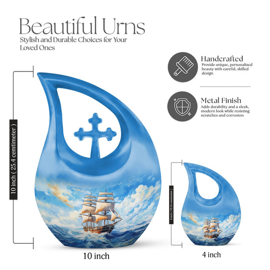 10-inch Ship Urn, Cross Drop Design, Aluminium Cremation Urn