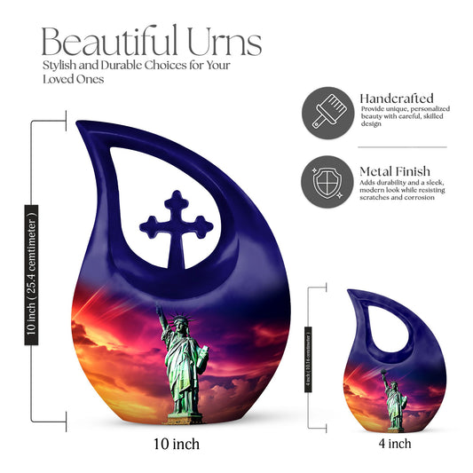 Cross Drop design, 10-inch Statue of Liberty and urns