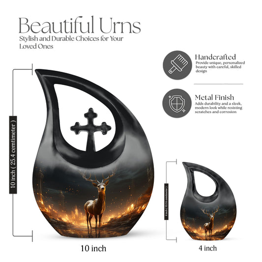 10-inch Deer Urn with Cross Drop design,