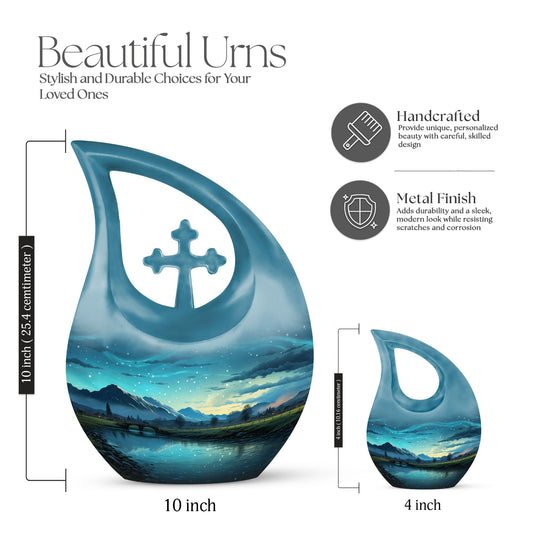10-inch Mountain Urn with Cross Drop design, includes