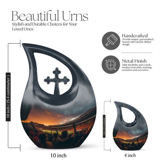 10-inch Sports Urn with Cross Drop design, customized