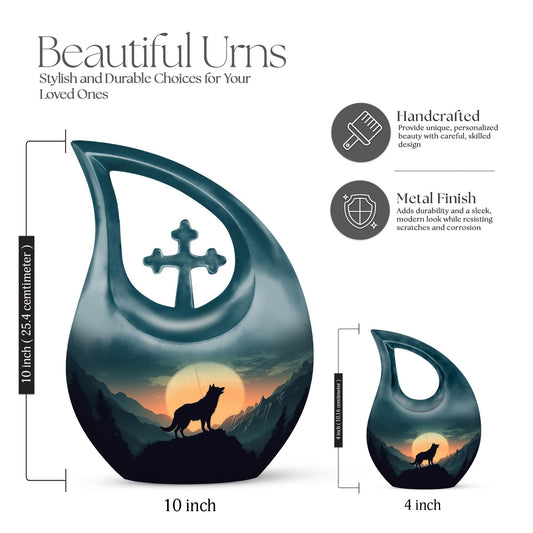 10 Inch, Wolf Howling Moon themed aluminium urn