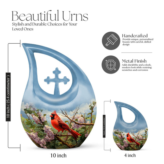 Cardinal Bird design Cross Drop Aluminium Cremation Urn
