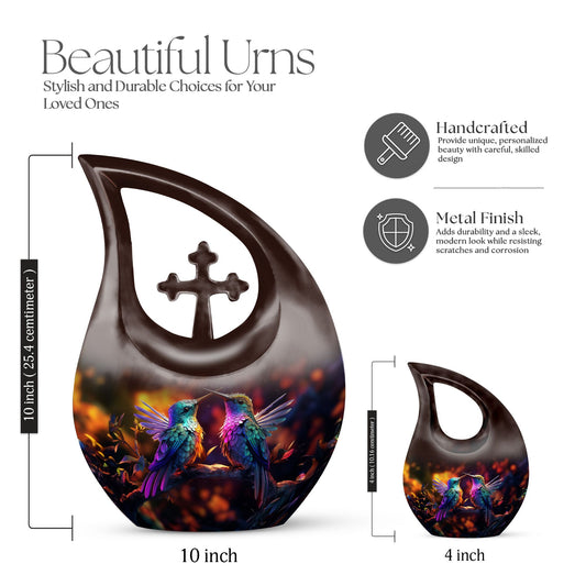 Humming Bird-themed cross drop design 10 inch aluminium urn