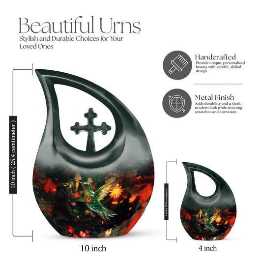 Hummingbird-themed 10 Inch Cross Drop Cremation Urn