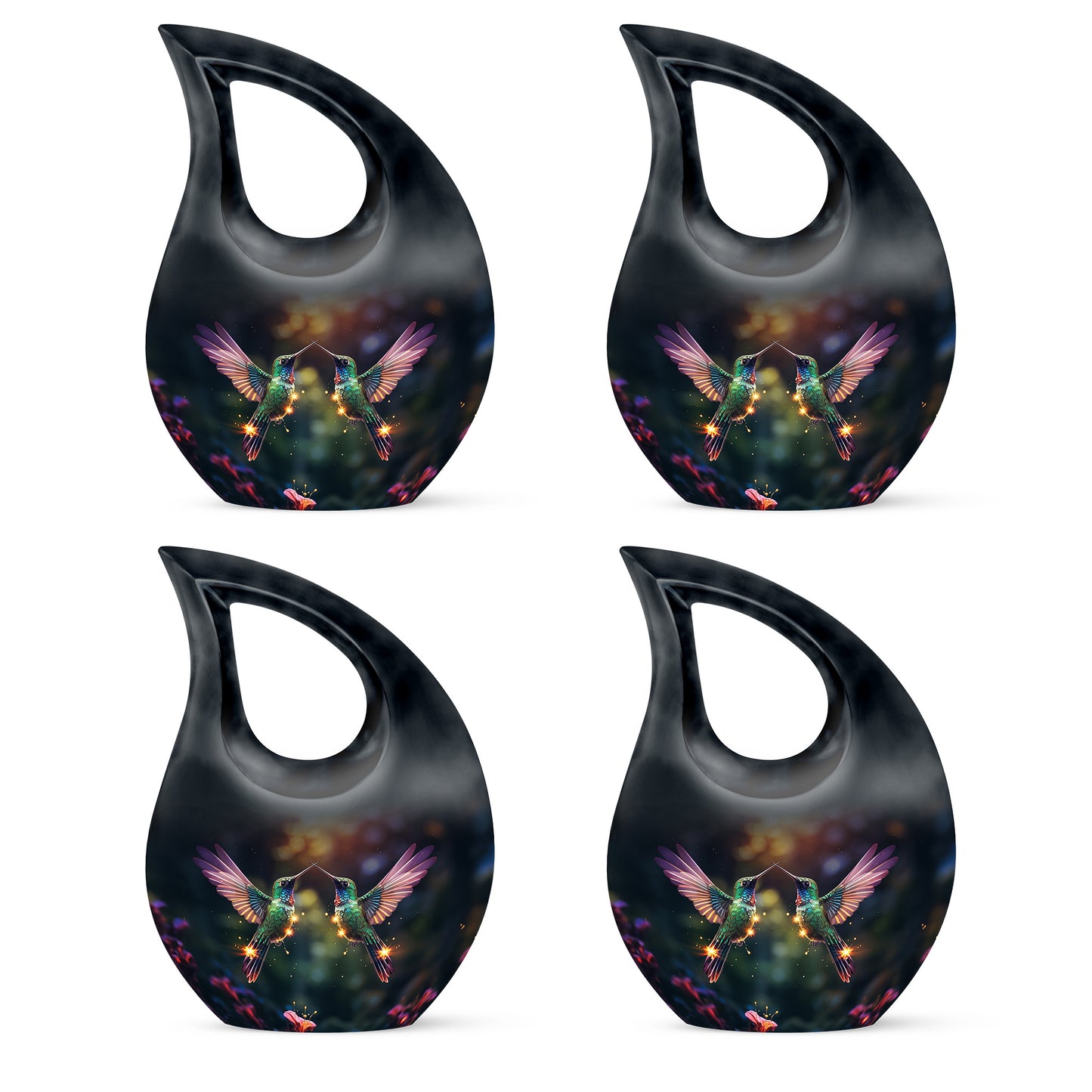 Hummingbird Urn for Human Ashes, Two Glowing Birds Among Pink Flowers, Black Teardrop Urn