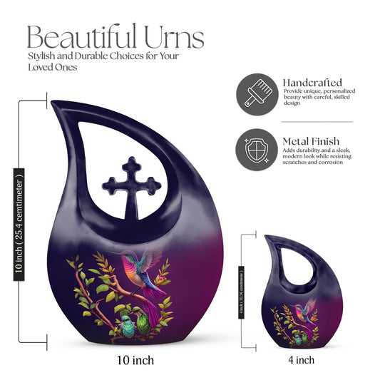 10 inch purple hummingbird and cross drop design urn
