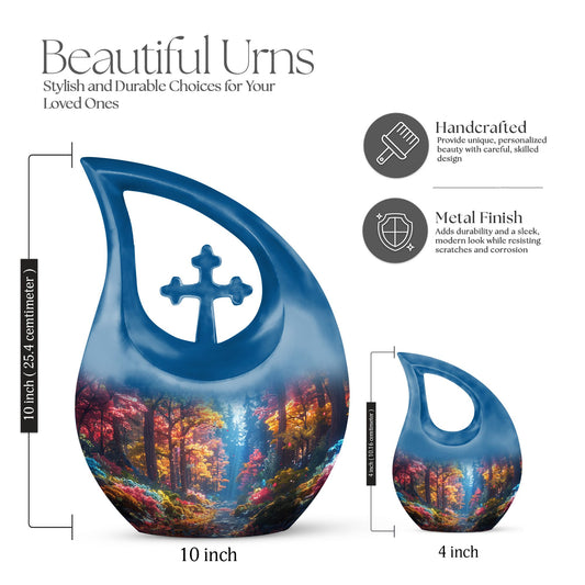 10 Inch Enchanted Forest Glow Urn with Cross Drop design, personalized cremation monument