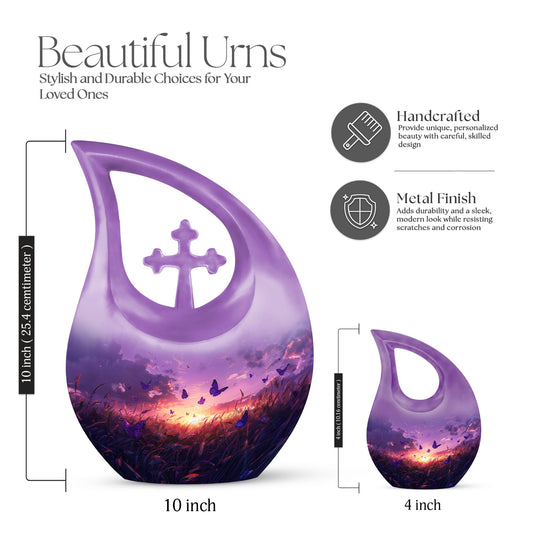 10-inch Purple Meadow Cross Drop Design Urn