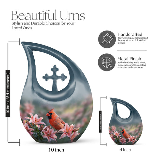 10-inch Cardinal Bird Urn with Cross Drop design, suitable for human ashes