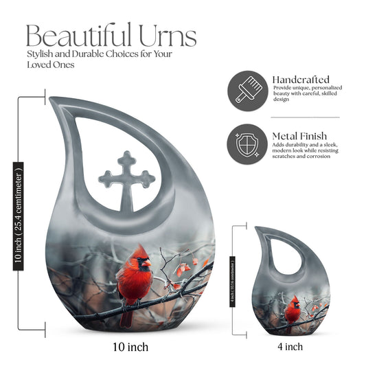 10-inch Cardinal Bird Cross Drop memorial urn, customizable, with velvet pouch