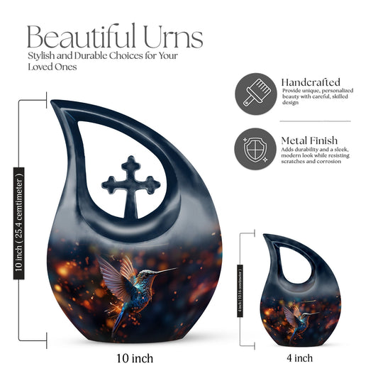 Humming Birds styled Cross Drop Keepsake Urn made of Aluminium, customizable