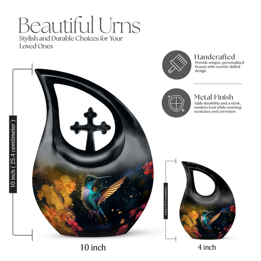10-inch Humming Birds Double Urn with Cross Drop design, suitable for outdoor use