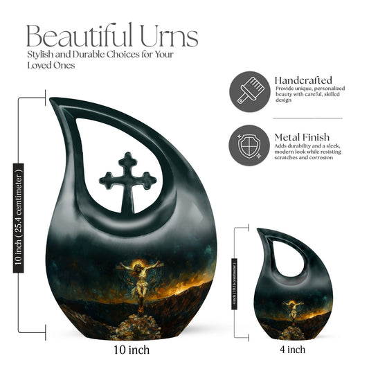 Jesus-themed aluminium cross drop cremation urn