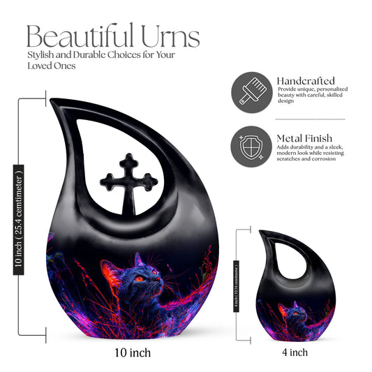 10-inch cat-themed large Aluminium Cross Drop urn