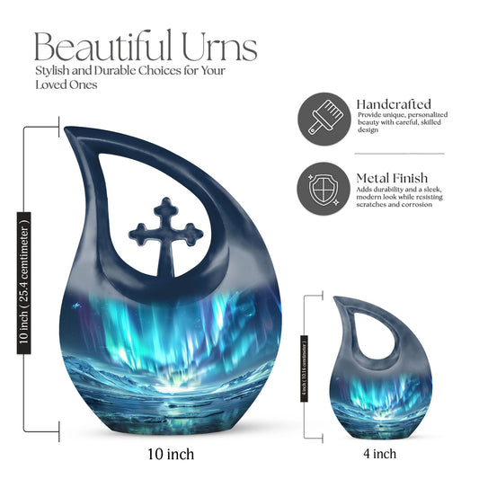 10 Inch Northern Lights small urn with cross drop design for ashes, aluminum made