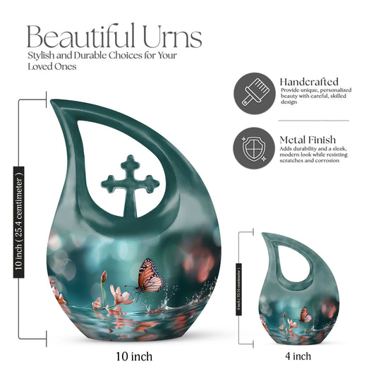 10 Inch Butterfly Urn with Cross Drop design