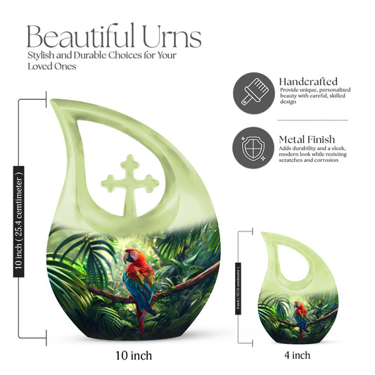 10-inch Macaw Parrot Urn with Cross Drop design, ideal for adult companion memorial urns