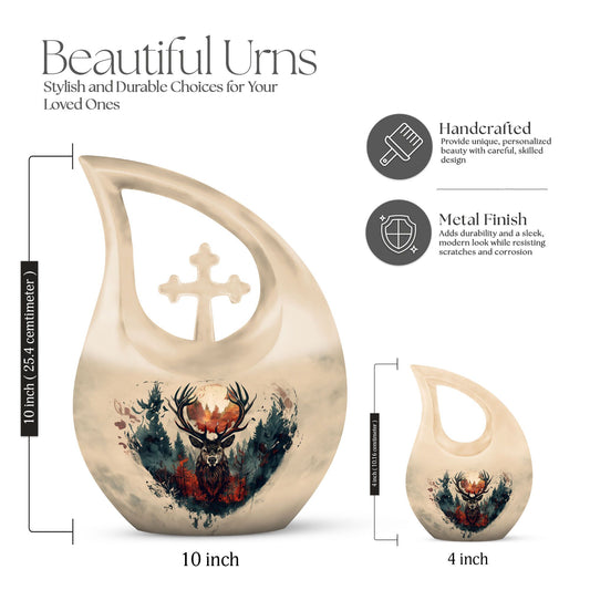 10 Inch Deer Themed Cross Drop Large Aluminium Cremation Urn