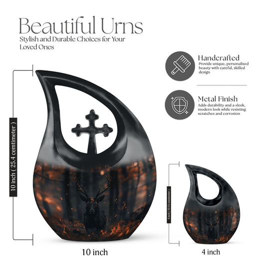 10 inch Deer themed Cross Drop urn for cremation keepsakes, includes velvet pouch