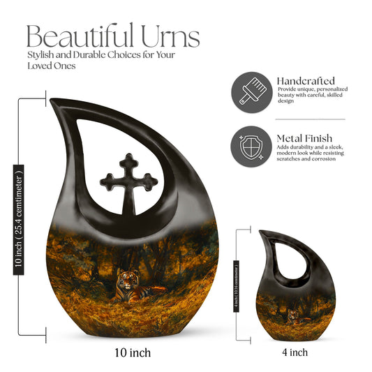 10-inch Tiger-themed Cross Drop Extra Large Cremation Urn