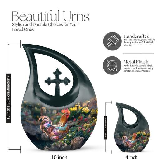 10-inch Chicken-themed Aluminium Cross Drop Large Urn for Affordable Cremation