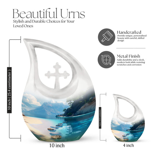 10-inch beach themed aluminium Cross Drop urn vase with velvet pouch