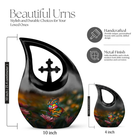 Butterfly-themed 10-inch Cross Drop memorial urn