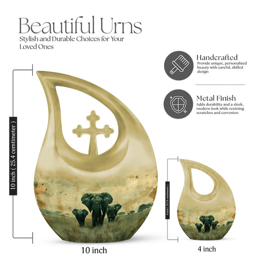 10-inch Elephant Family Cross Drop Urn