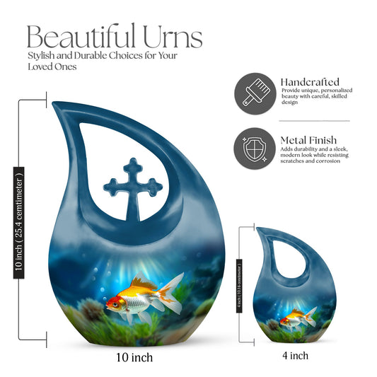 Gold Fish Design Cross Drop Funeral Urn