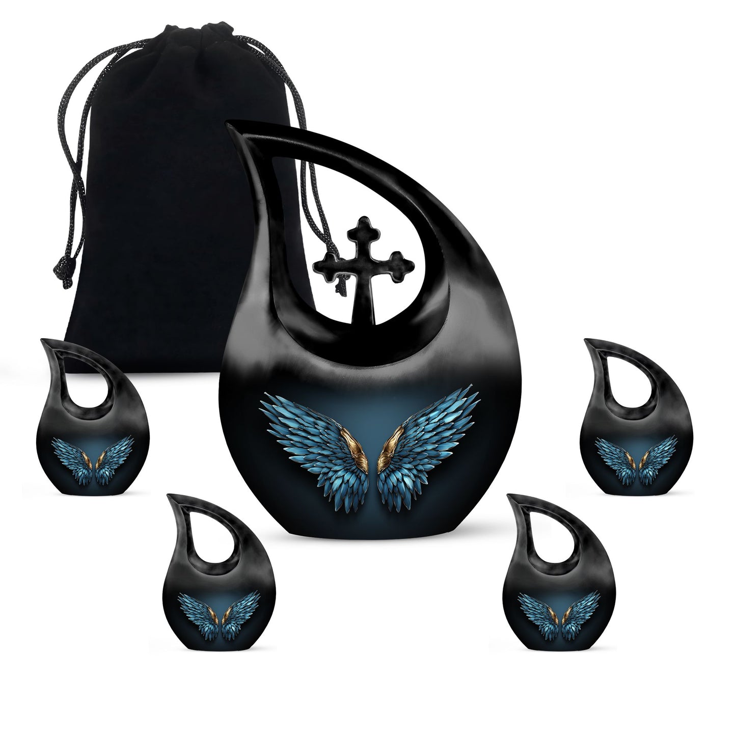 Blue Personalized Wings Cremation Urn for Human Ashes - 10-inch, 200 cu in - Yatskia