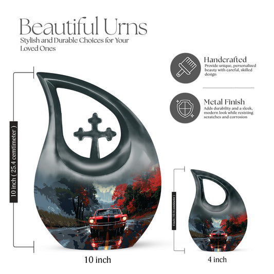 10 Inch Car themed Cross Drop Memorial Urn,