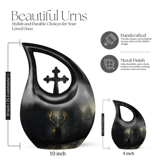 10-inch Affordable Deer Urn with Cross Drop design,