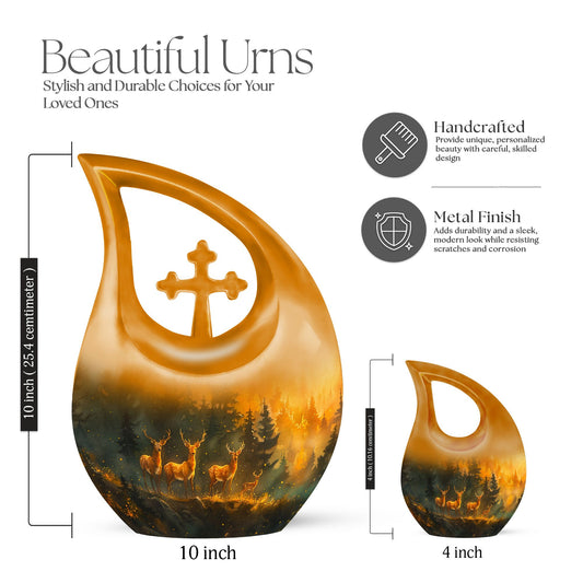 10-inch Deer Family Urn with Cross Drop design,