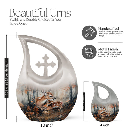 10-inch Deer Family Urn with Cross Drop Design,