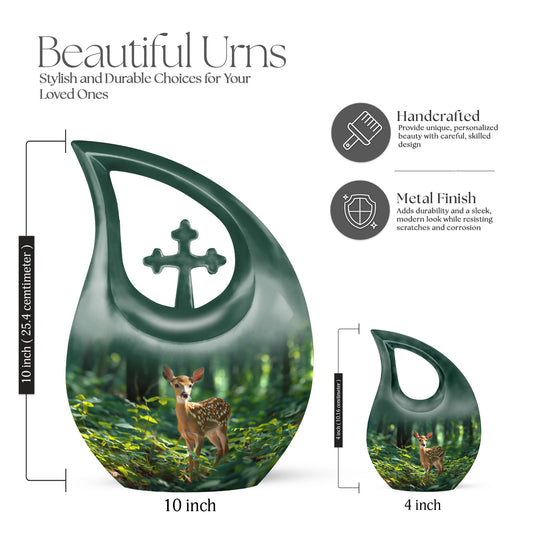 10 Inch Deer Themed, Cross Drop design Memorial Urn