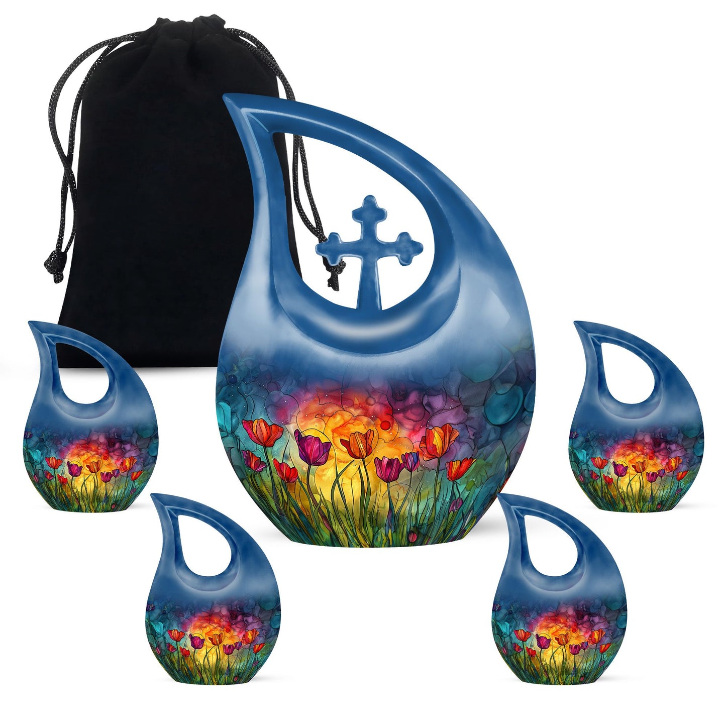 Blue Glass Flower Cremation Urn for Human Ashes - 10-inch, 200 cu in - Yatskia