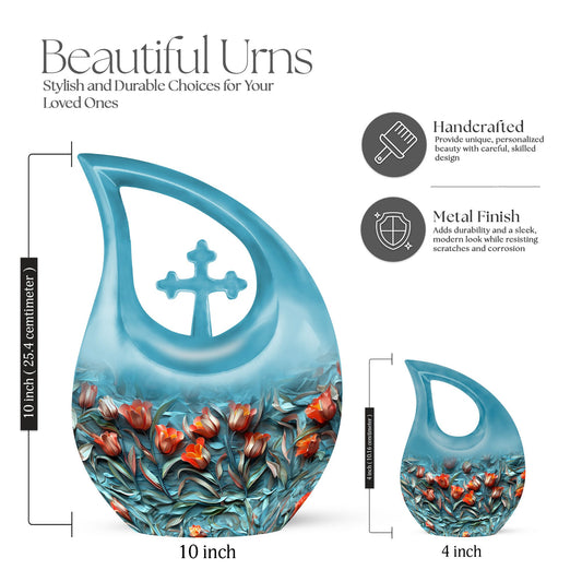 10-inch Tulip themed Cross Drop Urn for Ashes