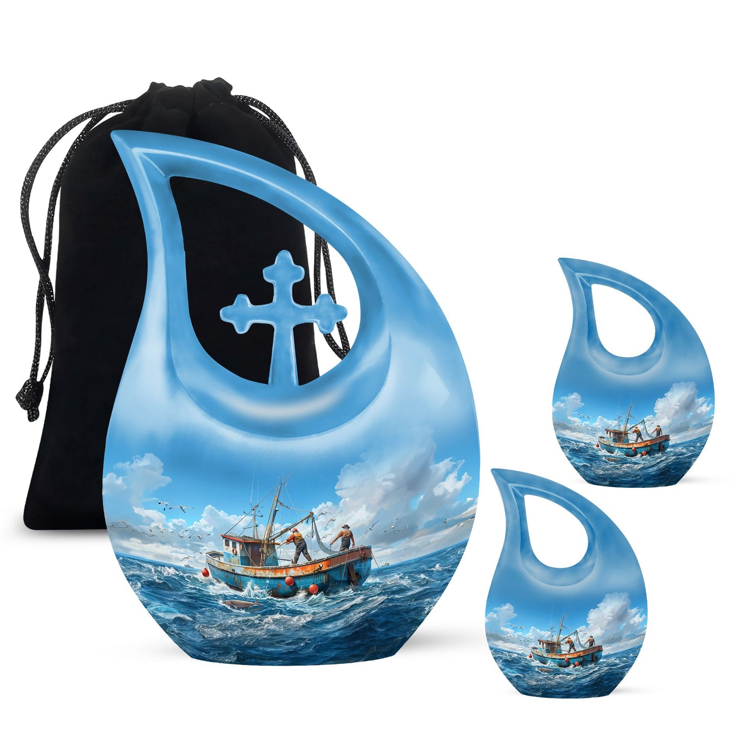 Fishing Urn for Human Ashes, Trawler Nets in the Open Ocean, Blue Teardrop Urn