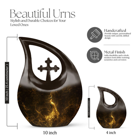 10-inch custom mom peacock urn with cross drop design,