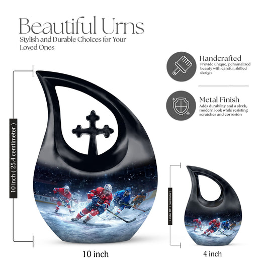 10-inch Ice Hockey Urn, Cross Drop Metal Cremation Urn,