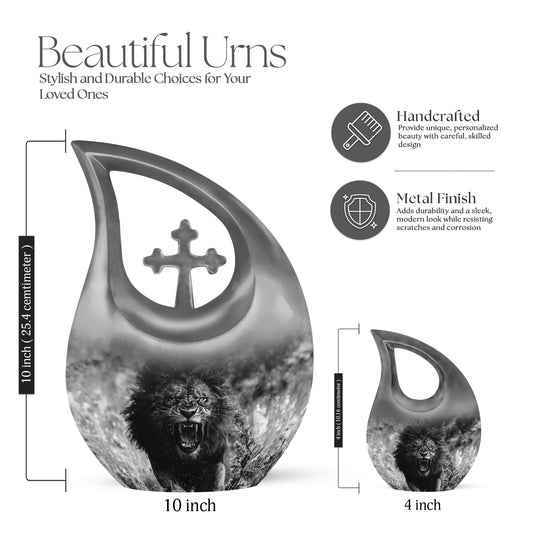 10 Inch Lion Urn with Cross Drop Design,