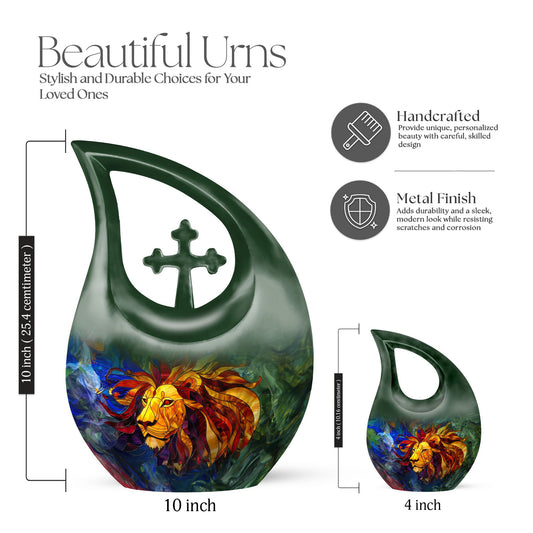 10-inch Lion Urn with Cross Drop design,