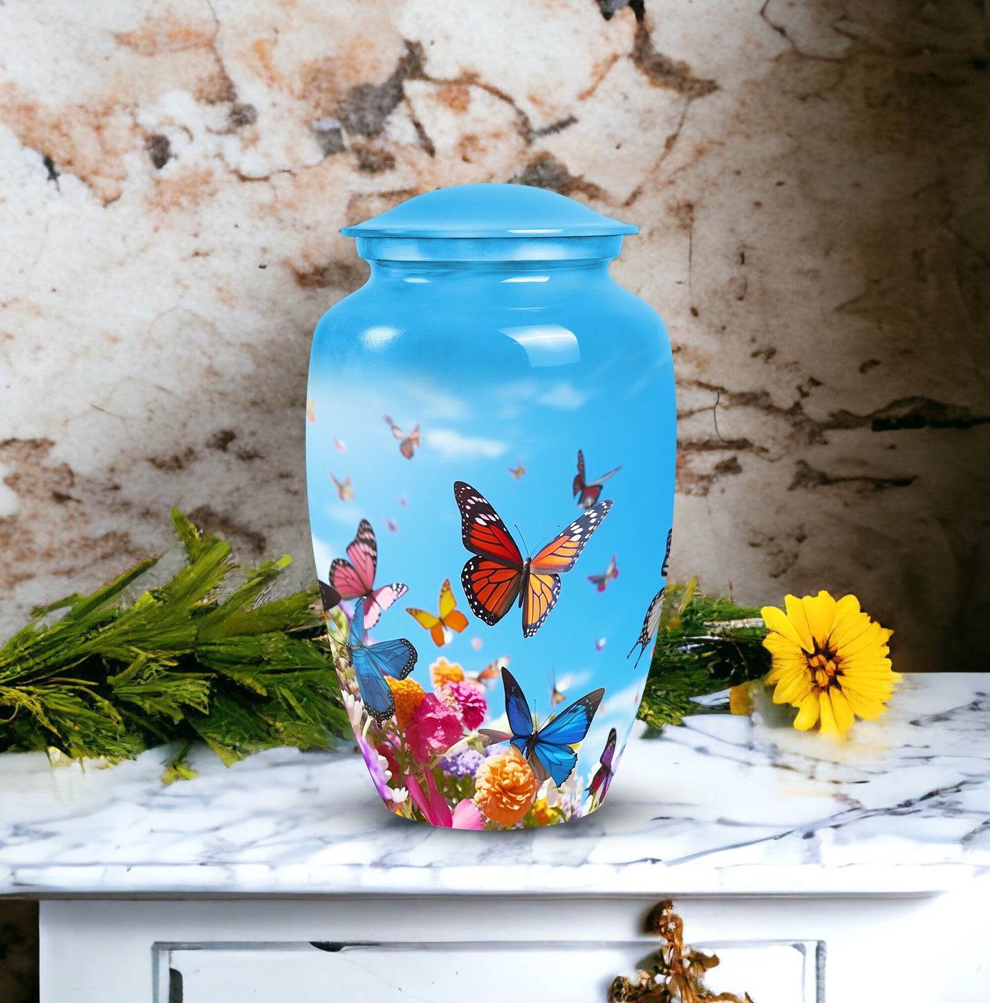 Elegant, large butterfly urn for adult human ashes, perfect for cremation and burial purposes