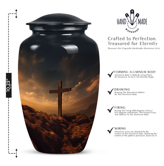 Picture of Jesus-themed cremation urn, a unique container for adult female human ashes, suitable for burials