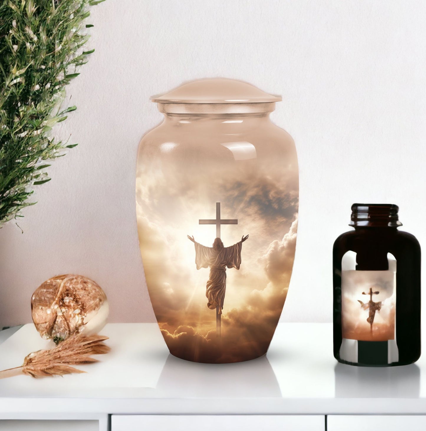 Elegant Jesus urn for adults, ideal for cremation and memorial use, featuring unique mosaic design
