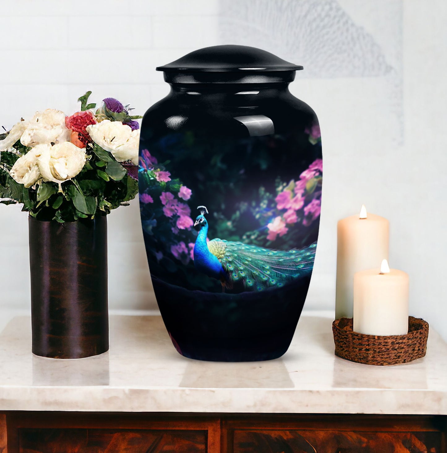 Elegant Peacock-themed cremation urn for adult, suitable for preserving ashes of mother or father