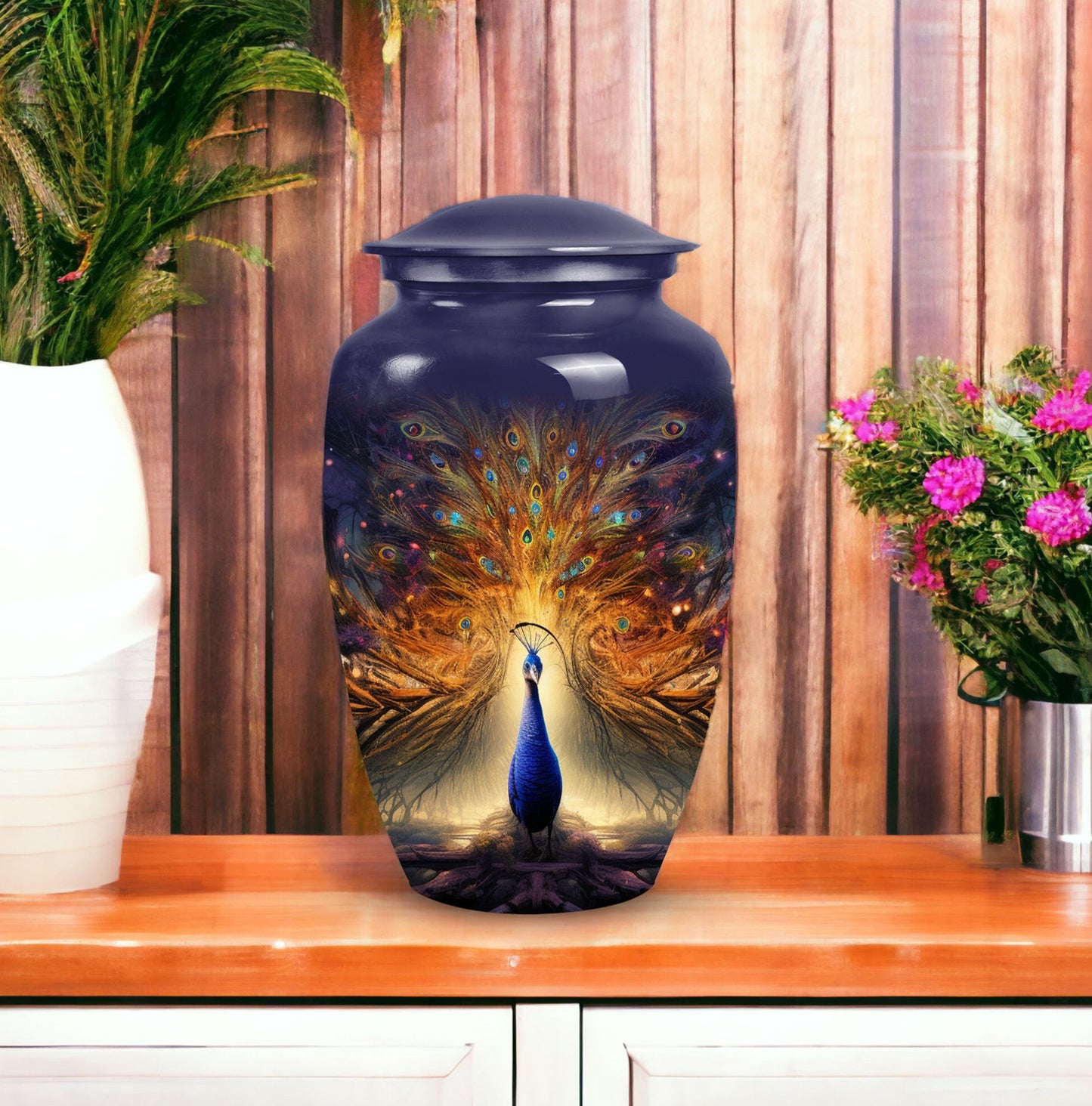 Unique peacock urn for storing adult human ashes, suitable for mom's cremated remains