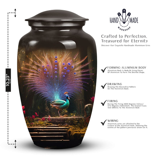 Elegant peacock-themed cremation urn for adult male ashes, ideal for a cherished remembrance